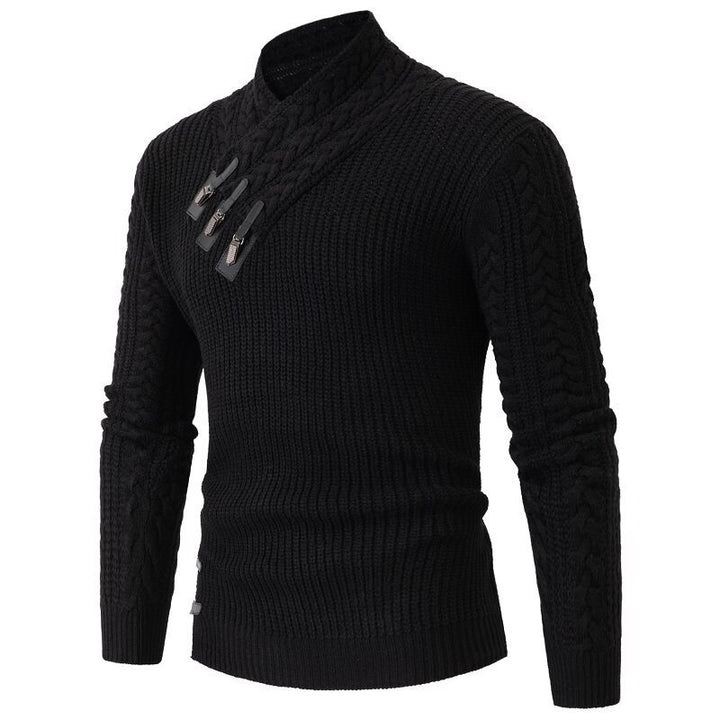 Herren nan Strickpullover mit Schalkragen, Zopfmuster und markanten Schnallenverschlüssen Drune