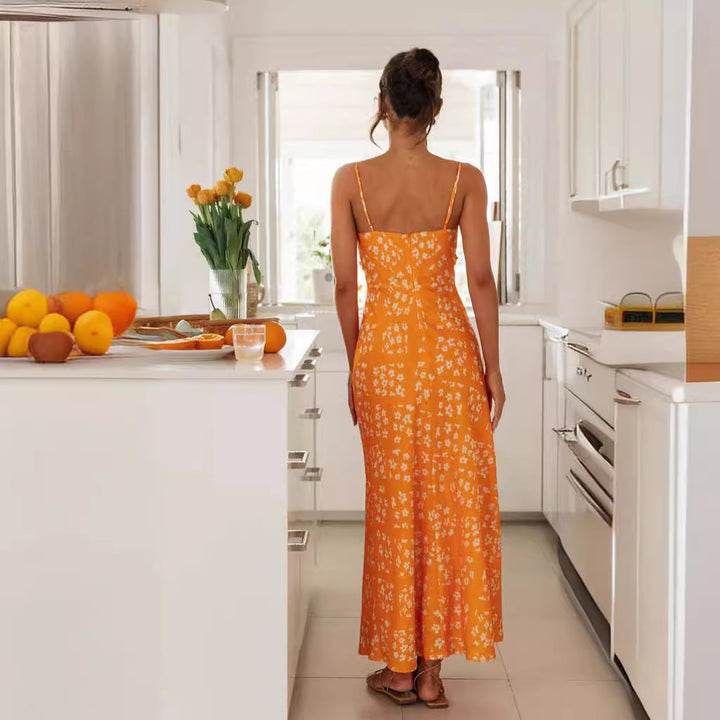 Damen Maxikleid mit verstellbaren Spaghettiträgern und floralem Design Drune
