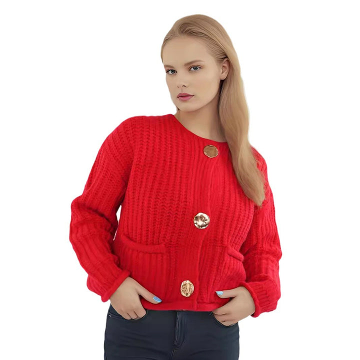 Damen kuschelige Strickjacke mit großen Knöpfen und aufgesetzten Taschen Drune
