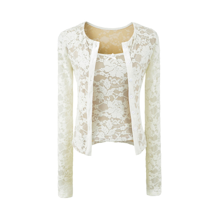 Damen Feiner Spitzen-Cardigan mit passendem Untertop und Samtbesatz Drune