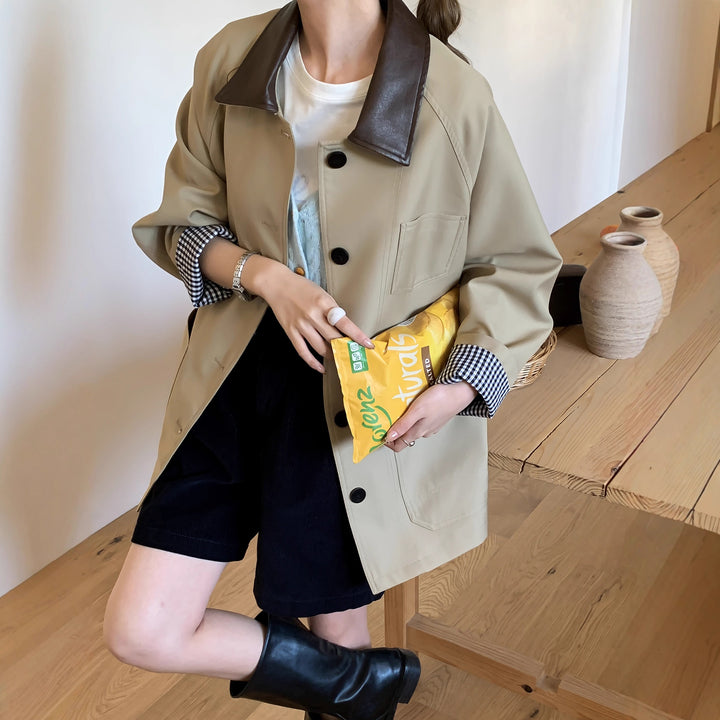 Damen Leichte Oversize-Übergangsjacke mit Kontrastkragen und kariertem Ärmelsaum Drune