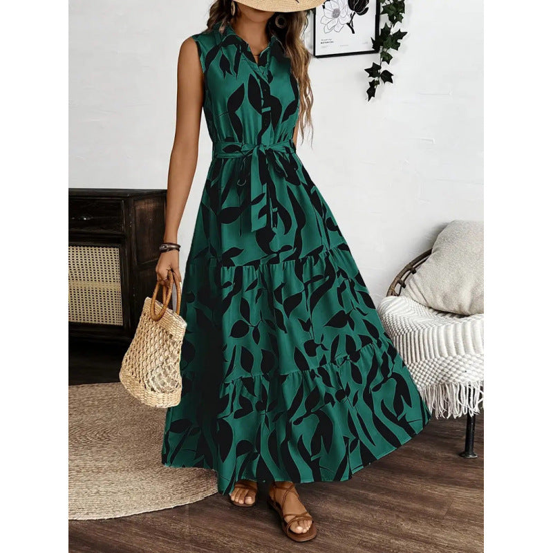 Damen Maxikleid mit geschichtetem Rock und elegantem Taillengürtel Drune