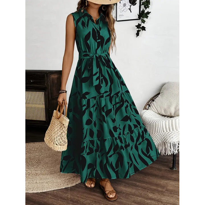 Damen Maxikleid mit geschichtetem Rock und elegantem Taillengürtel Drune