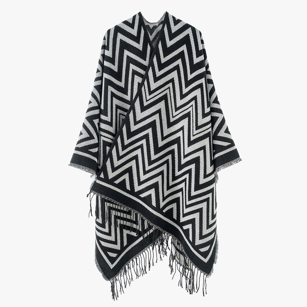 Damen Oversize-Umhang mit grafischem Zickzackmuster und langen Fransen Drune