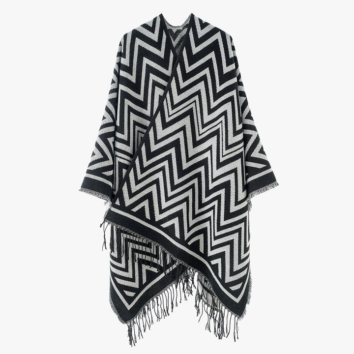 Damen Oversize-Umhang mit grafischem Zickzackmuster und langen Fransen Drune