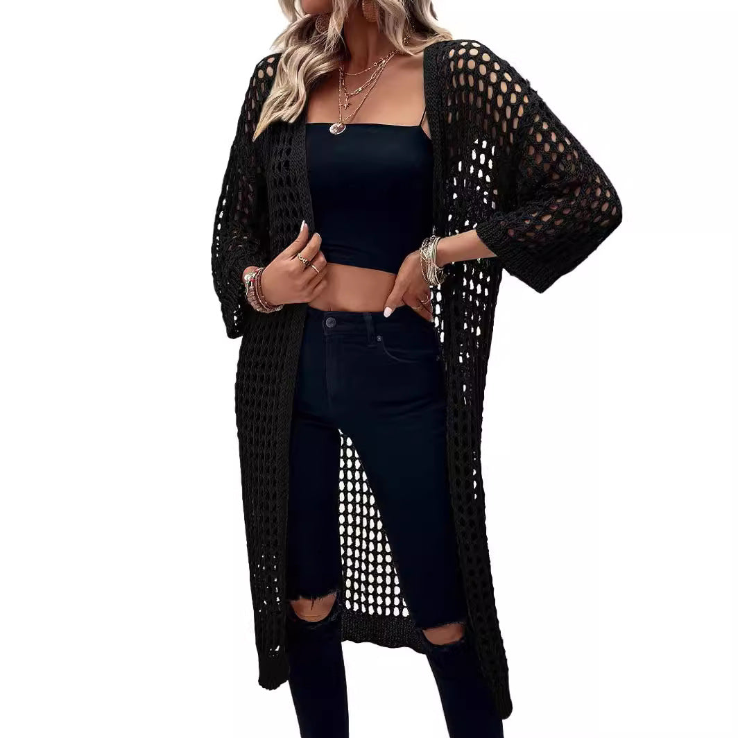 Damen Luftige Häkeljacke mit offenem Design und weiten Ärmeln Drune