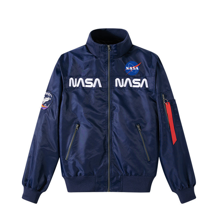 Men's  retro space-logo nylon zip bomber with angled zip pockets and utility sleeve tab Drune