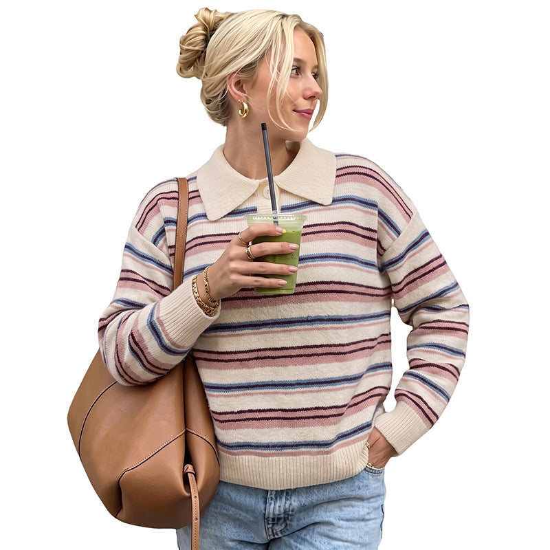 Damen Lässiger Strickpullover mit Polo-Kragen und Streifen Drune