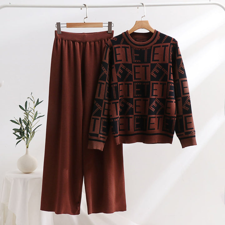 Damen lässiges Strick-Loungewear-Set mit grafischem Muster und weitem Schnitt Drune