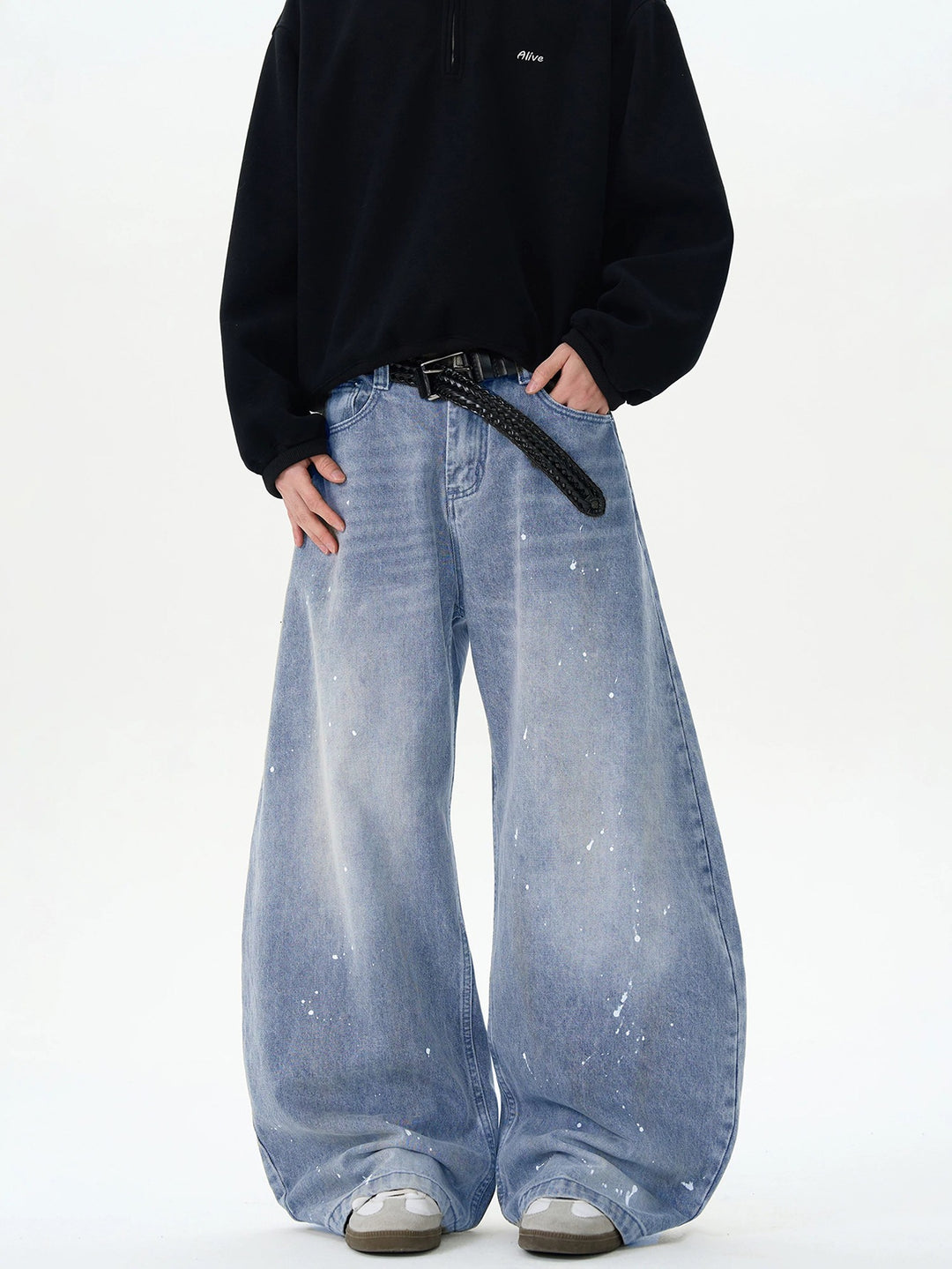 Herren Extraweite Paint‑Effekt Baggy‑Jeans mit tiefem Schritt und Used‑Wash Drune