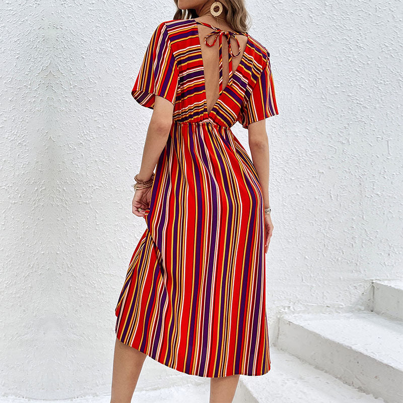 Damen Gestreiftes Midikleid mit V-Ausschnitt, Knopfleiste und Taillenraffung Drune