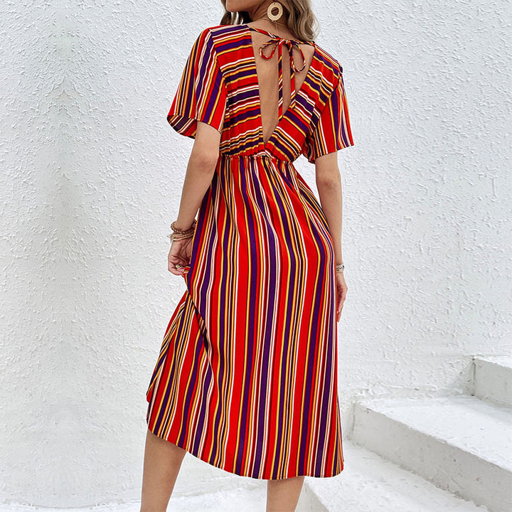 Damen Gestreiftes Midikleid mit V-Ausschnitt, Knopfleiste und Taillenraffung Drune
