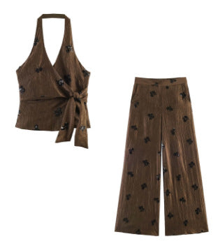 Damen 20+ weite Palazzo‑Hose mit hoher Taille, Crinkle‑Effekt und bestickten Paillettenapplikationen Drune