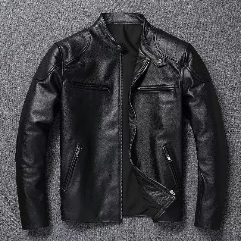 Herren Lederjacke im Vintage-Bikerstil mit Brusttaschen und Reißverschluss Drune