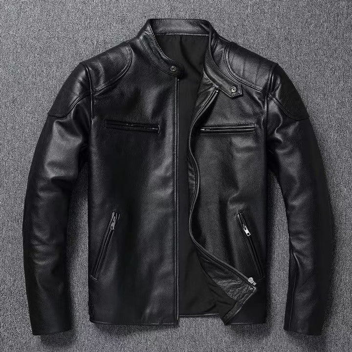 Herren Lederjacke im Vintage-Bikerstil mit Brusttaschen und Reißverschluss Drune