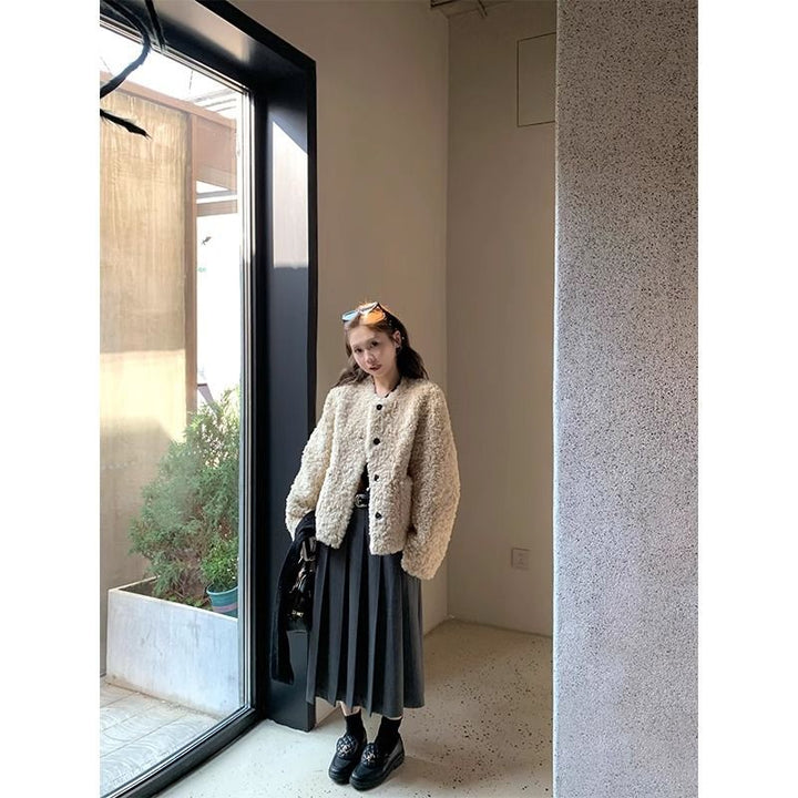 Damen Kuscheliger Plüschjacke mit Knopfdetails Drune