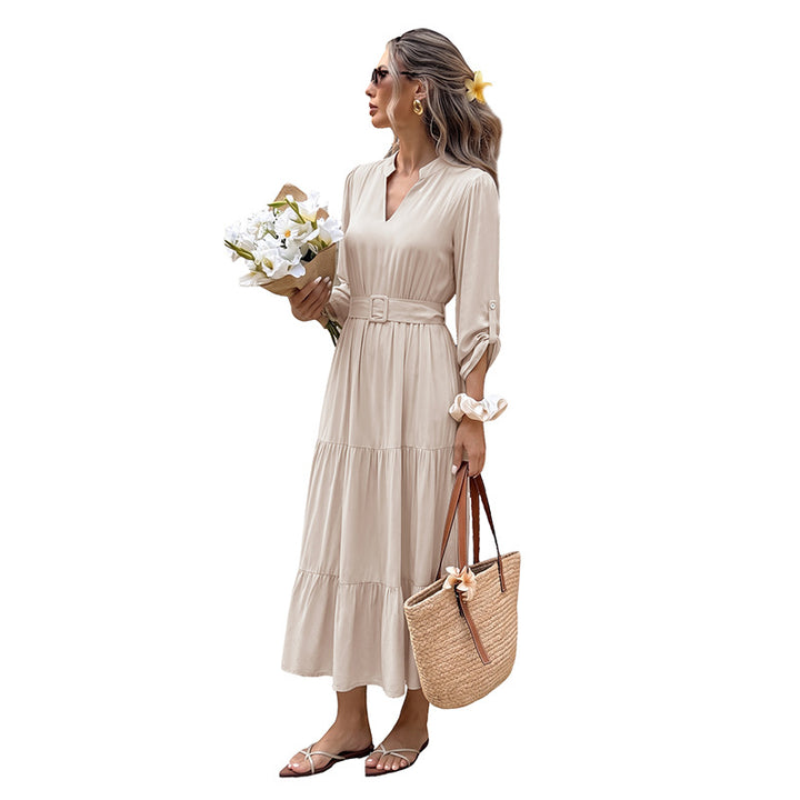 Damen Elegantes Maxikleid mit Taillengürtel und Rüschendetails Drune