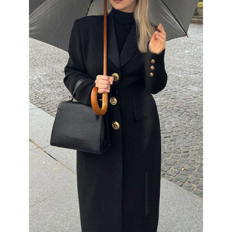 Damen Eleganter Maxicoat mit dekorativen Knöpfen und praktischen Taschen Drune