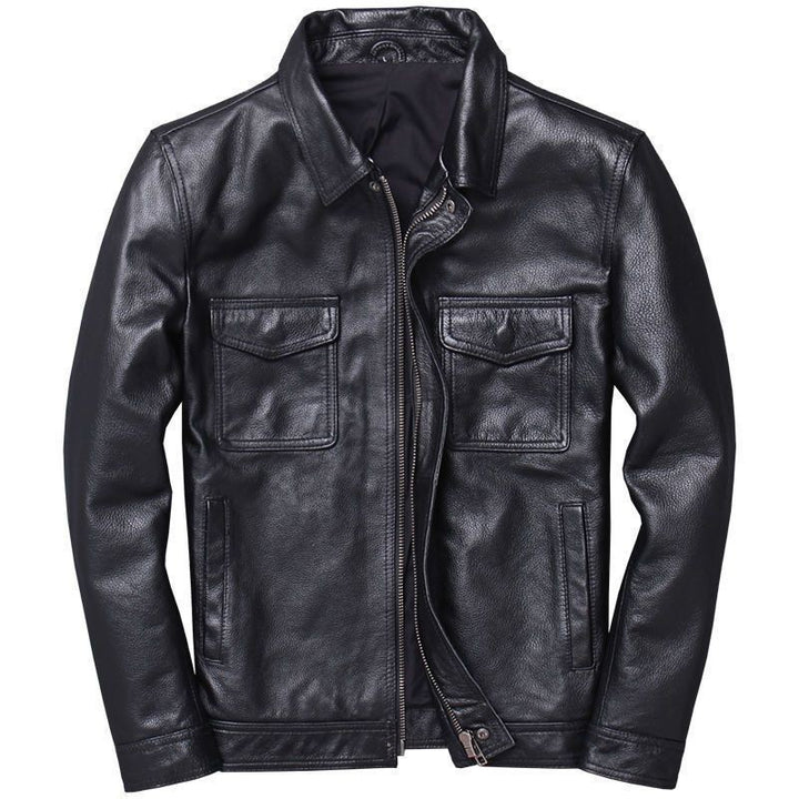 Herren Lederjacke im Vintage-Bikerstil mit Brusttaschen und Reißverschluss Drune