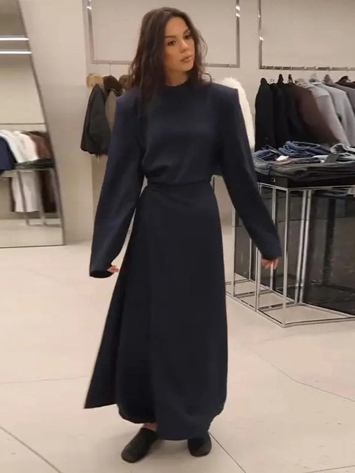 Damen Maxikleid mit taillierter Silhouette, ausgestelltem Rock und markanten Schultern Drune