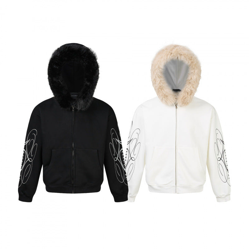 Unisex Oversize-Kapuzenjacke mit Kunstfellbesatz, Reißverschluss und Grafikärmeln Drune