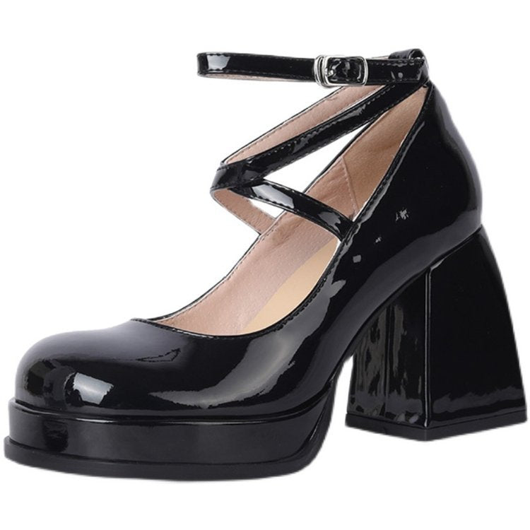 Damen elegante Hochglanz-Pumps mit verstellbarem Riemen und stabiler Sohle Drune