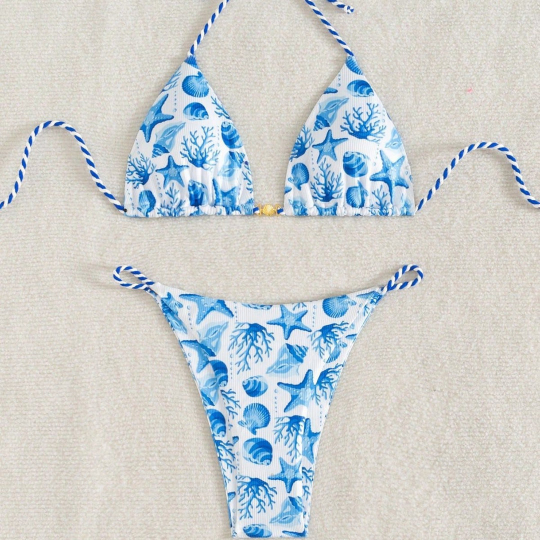 Damen Triangel-Bikini mit maritimen Motiven und verspielten Kordelbindungen Drune