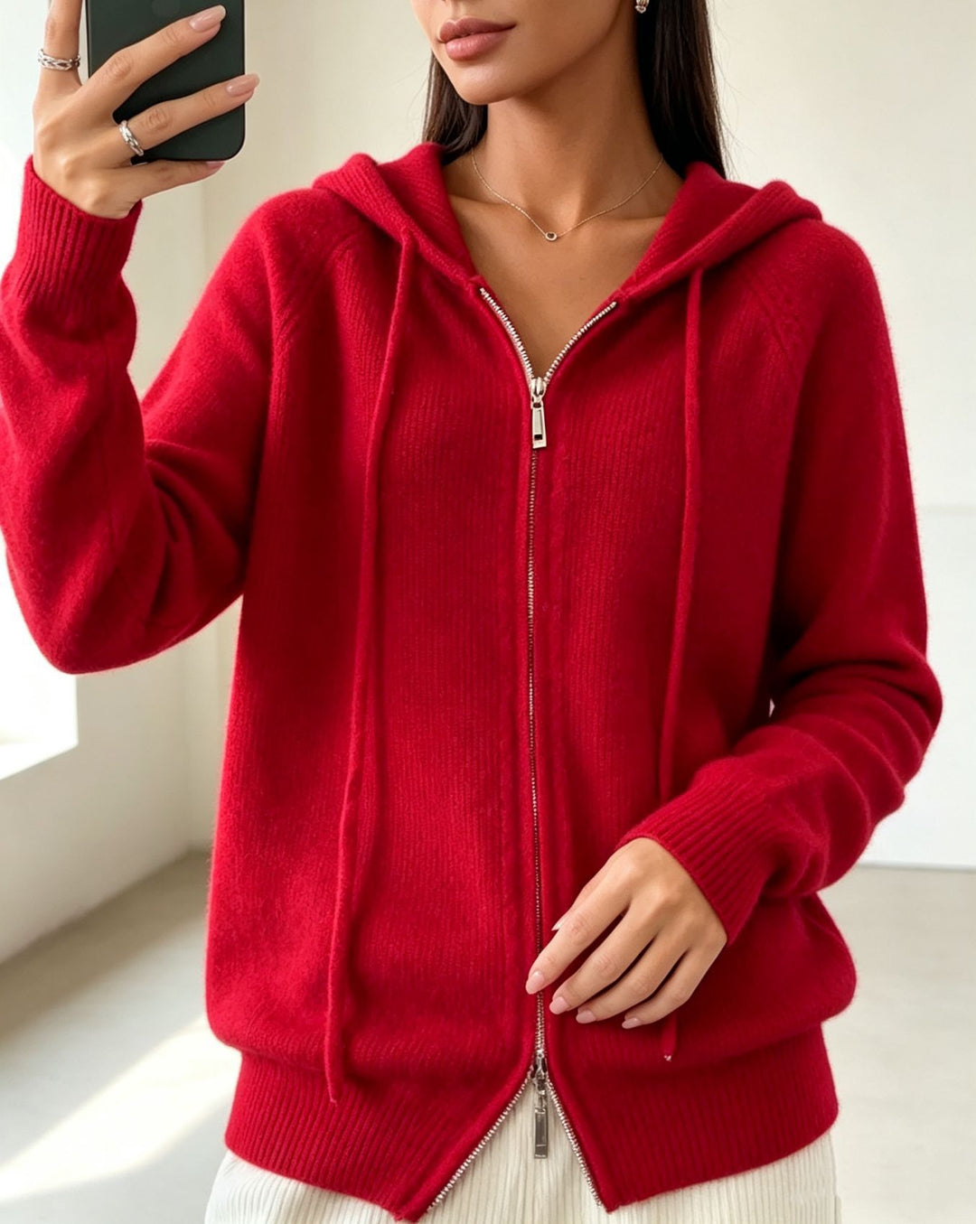 Damen Kapuzen-Cardigan mit Reißverschluss, feinem Feinstrick und gerippten Bündchen Drune