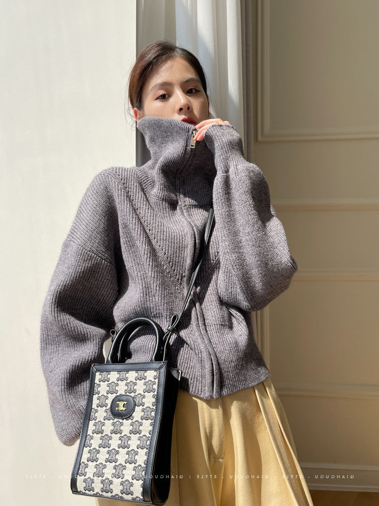 Damen Grobstrick Pullover mit hohem Kragen und übergroßem Schnitt Drune