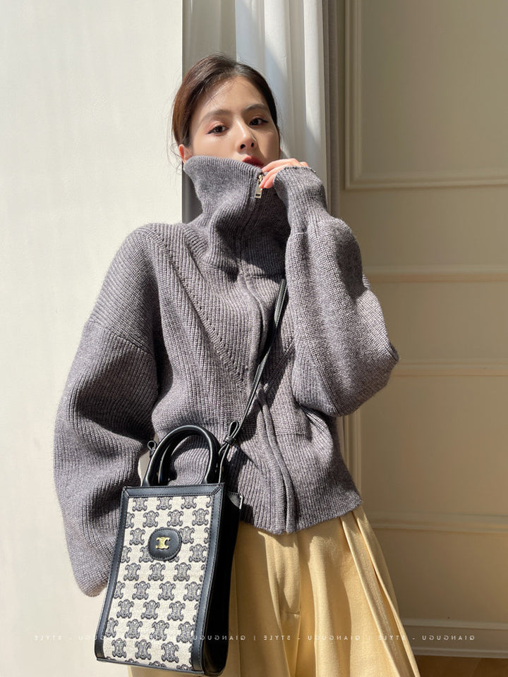 Damen Grobstrick Pullover mit hohem Kragen und übergroßem Schnitt Drune