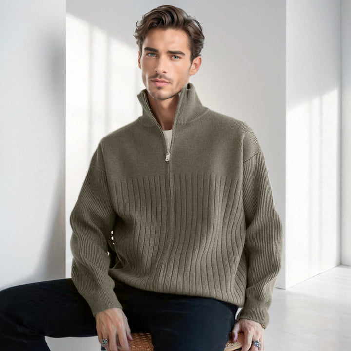 Herren Halbzip-Strickpullover mit hohem Stehkragen und breitem Rippenmuster Drune