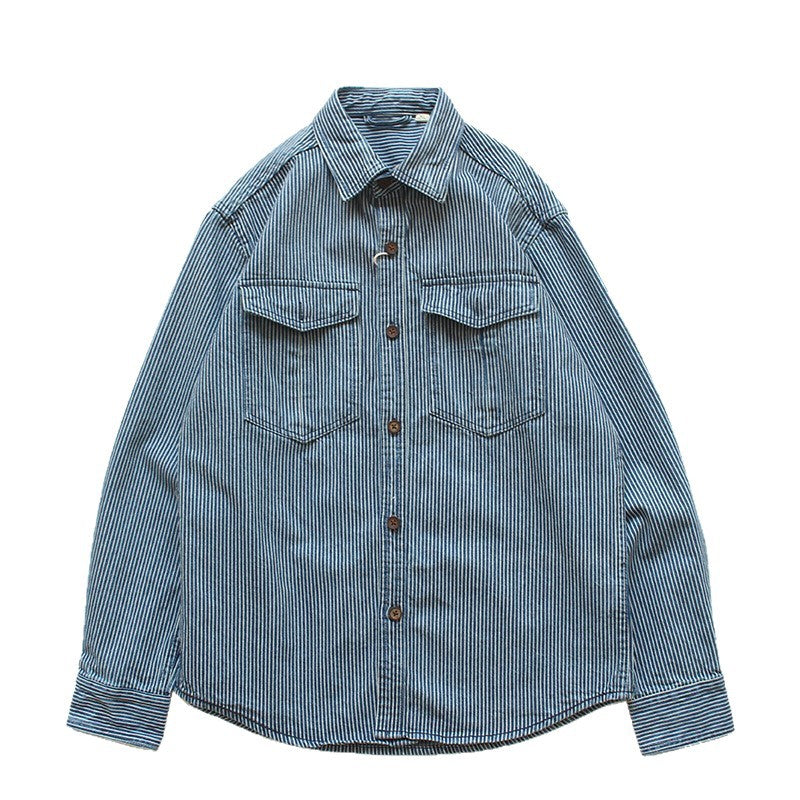 Herren Gestreiftes Denim-Hemd mit Brusttaschen Drune