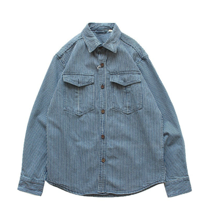 Herren Gestreiftes Denim-Hemd mit Brusttaschen Drune