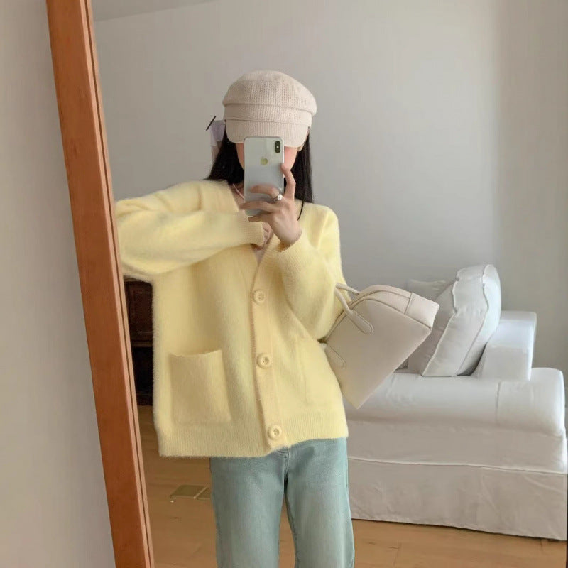 Damen Flauschiger Knopf-Cardigan mit eleganten Taschen Drune