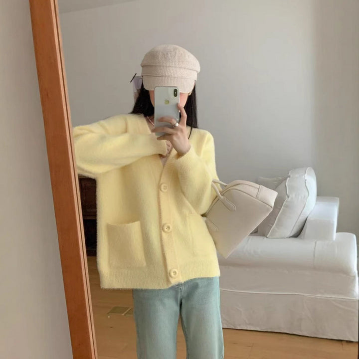 Damen Flauschiger Knopf-Cardigan mit eleganten Taschen Drune