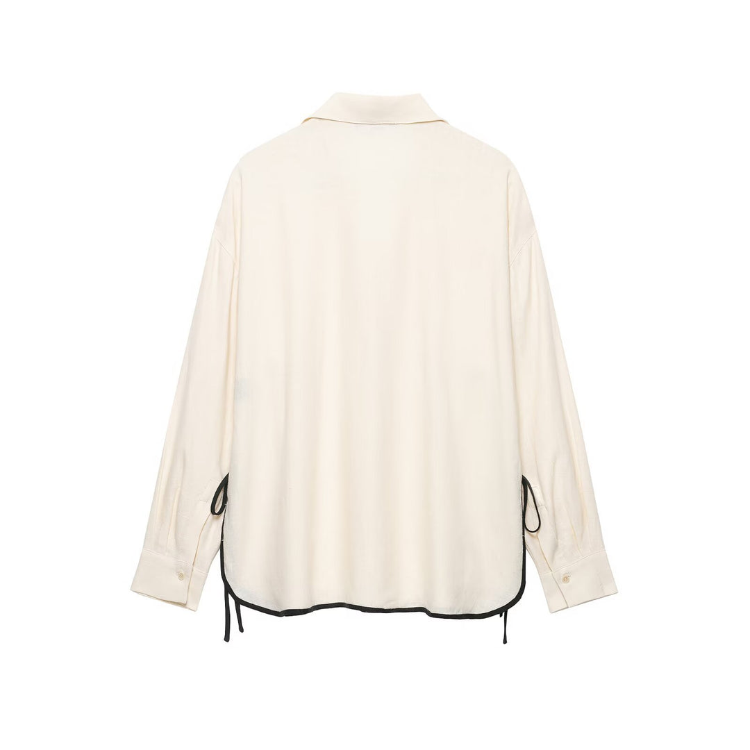 Damen Oversize-Tunika mit V-Ausschnitt, Reverskragen und seitlichen Bändchen-Details Drune