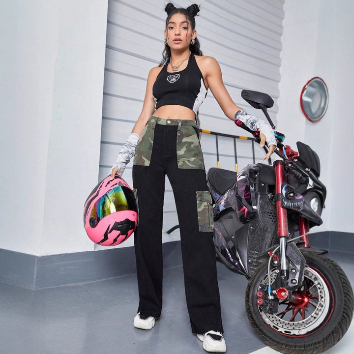 Damen High-Waist Cargo-Jeans mit Camouflage-Einsätzen und weitem Bein Drune