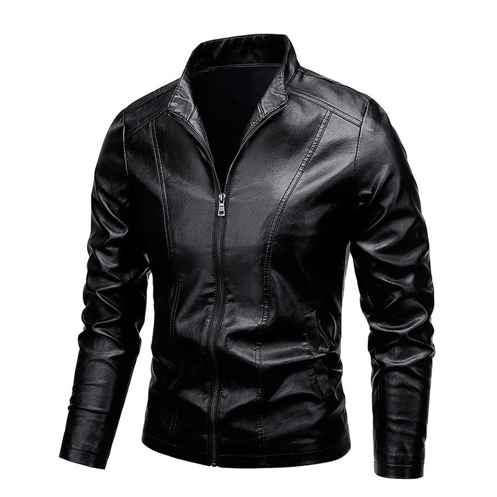 Herren Modische Kunstlederjacke mit klassischem Kragen Drune