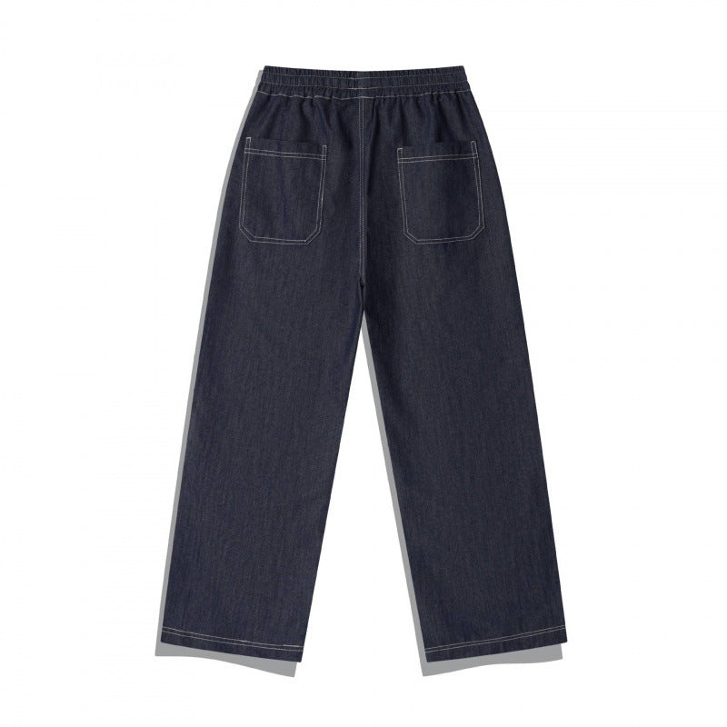 Unisex Weite Denim-Hose mit elastischem Bund, Kordelzug und gesteppter Kniepasse Drune