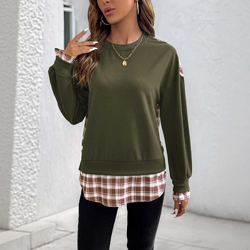 Damen Lässiges Rundhals-Sweatshirt mit Karomuster‑Einsätzen und gerafften Manschetten Drune