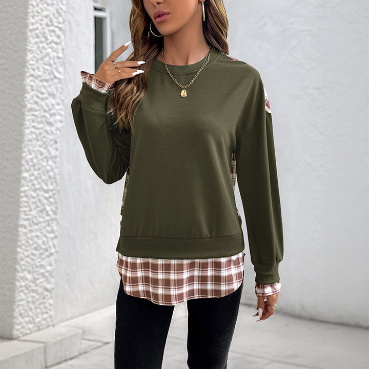 Damen Lässiges Rundhals-Sweatshirt mit Karomuster‑Einsätzen und gerafften Manschetten Drune