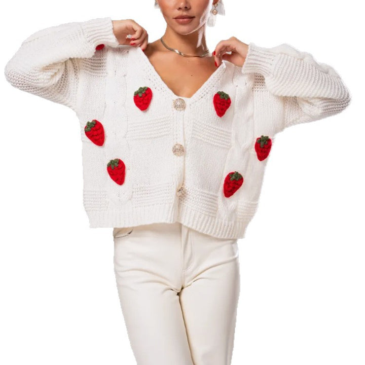 Damen Kurzgeschnittene Strickjacke mit V‑Ausschnitt und gehäkelten Erdbeerapplikationen Drune