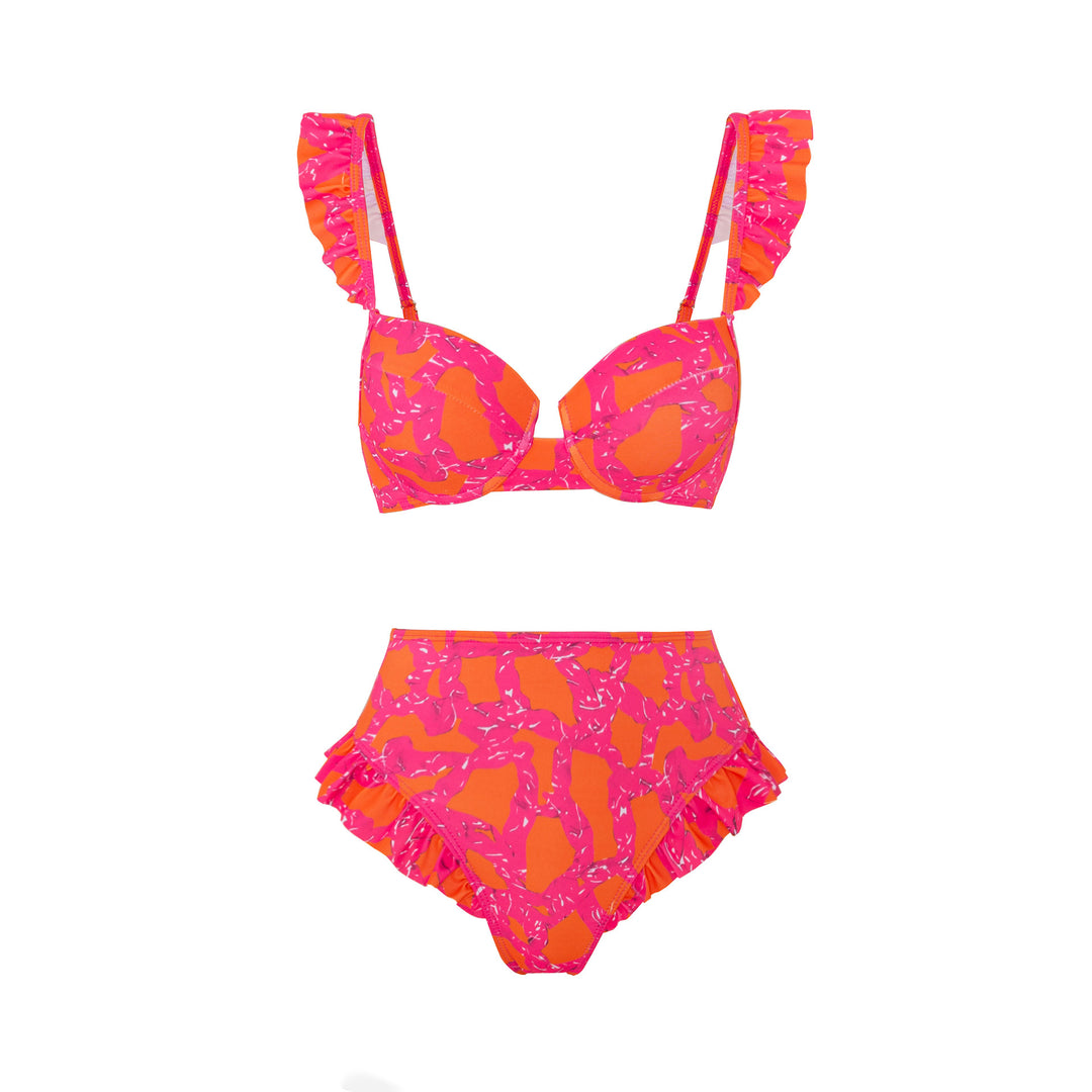 Damen Bikini-Set mit rüschenverziertem Oberteil und hoch taillierter Hose Drune