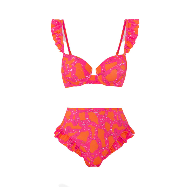 Damen Bikini-Set mit rüschenverziertem Oberteil und hoch taillierter Hose Drune