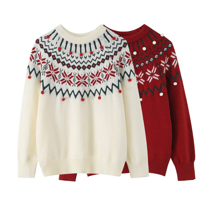 Damen nan Norwegerpullover mit Rundhalsausschnitt, jacquardgestricktem Muster und dekorativen Bommelapplikationen Drune
