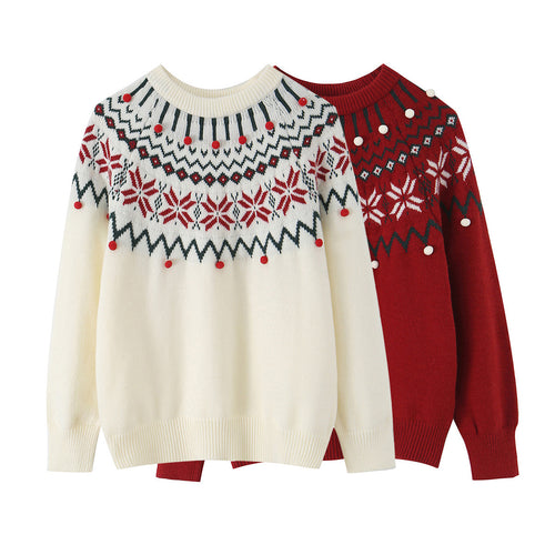 Damen nan Norwegerpullover mit Rundhalsausschnitt, jacquardgestricktem Muster und dekorativen Bommelapplikationen Drune