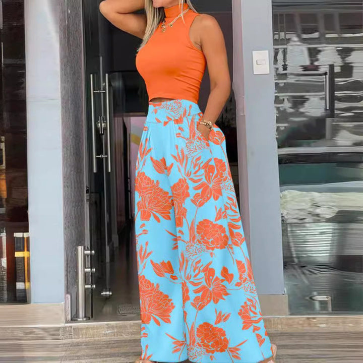 Damen Stilvolles Zweiteiliges Cropped Top und Breite Hosen Set Drune