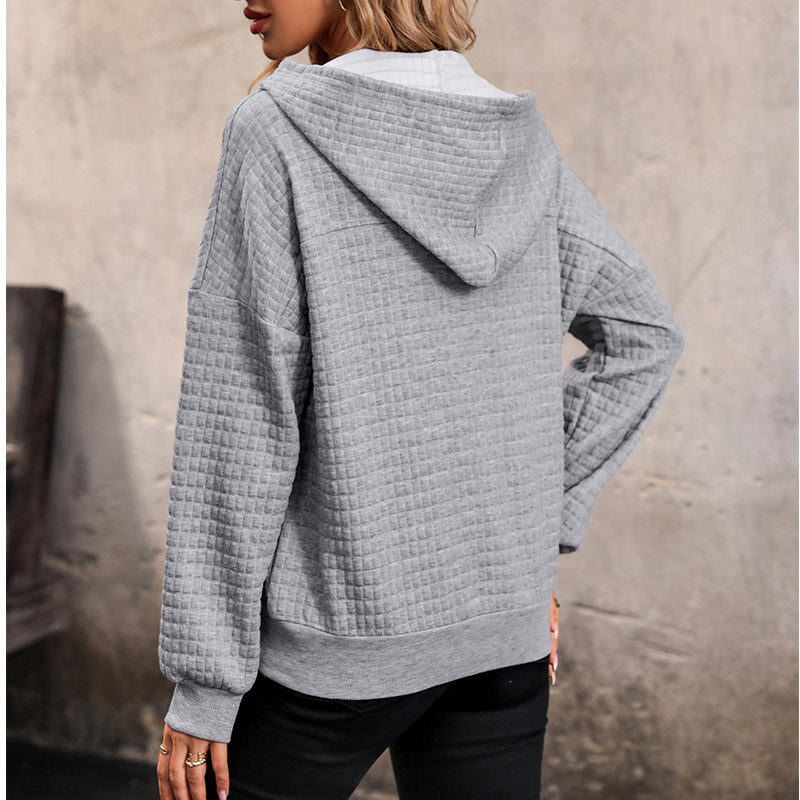 Damen Gestepptes Waffelstrick-Henley-Hoodie mit Druckknopfleiste Drune
