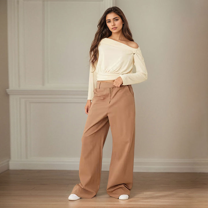 Damen asymmetrisches One-Shoulder Blusenshirt mit Knoten-Detail und tailliertem Saum Drune