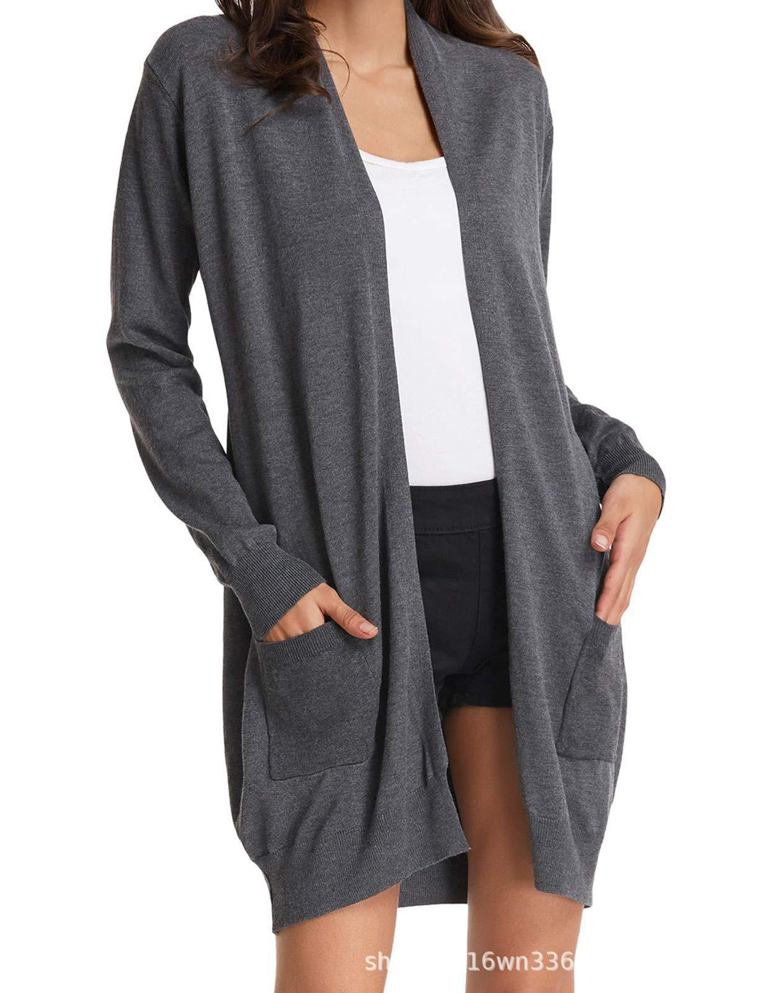 Damen Lange Strickjacke mit offenen Front und praktischen Taschen Drune